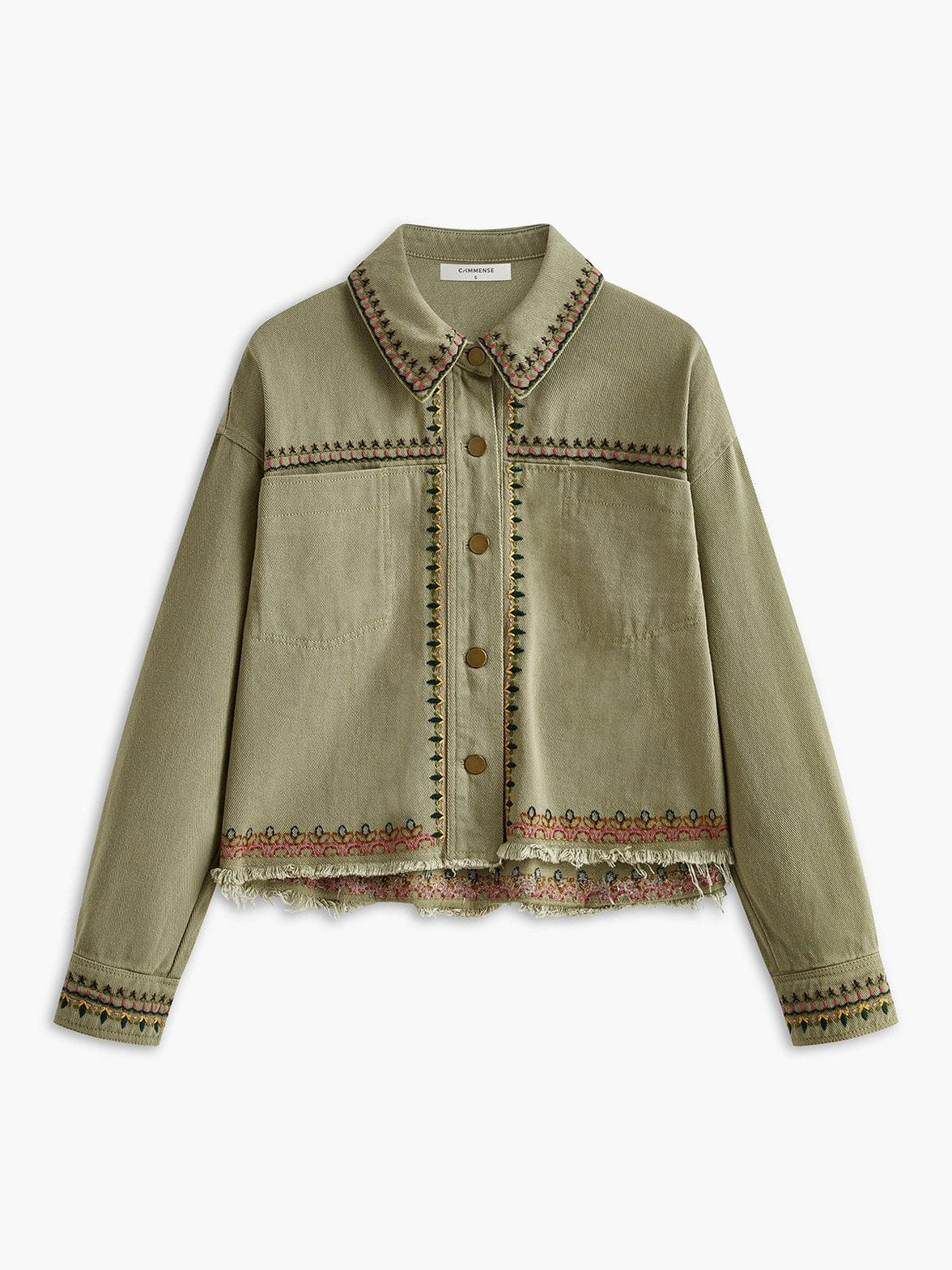 Chemisier bohème vert olive avec broderies ethniques soleil