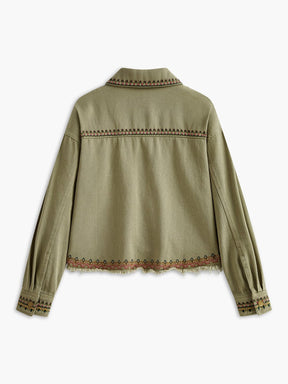Chemisier bohème vert détail broderies fleur