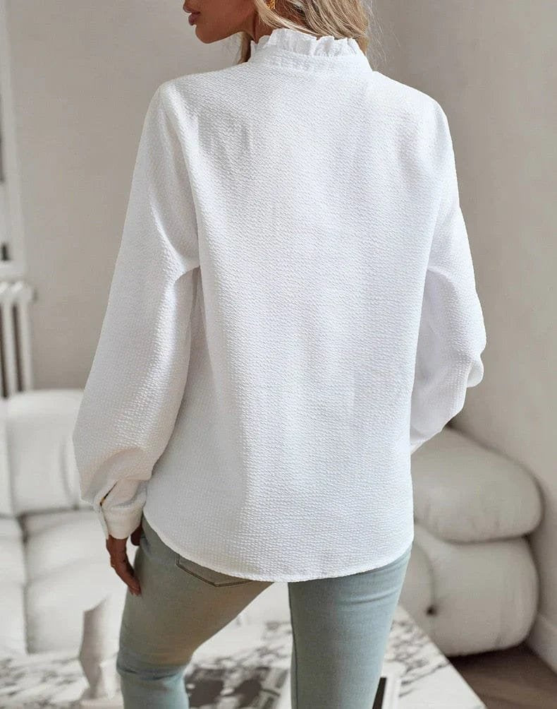 Chemisier blanc col montant ruché rose