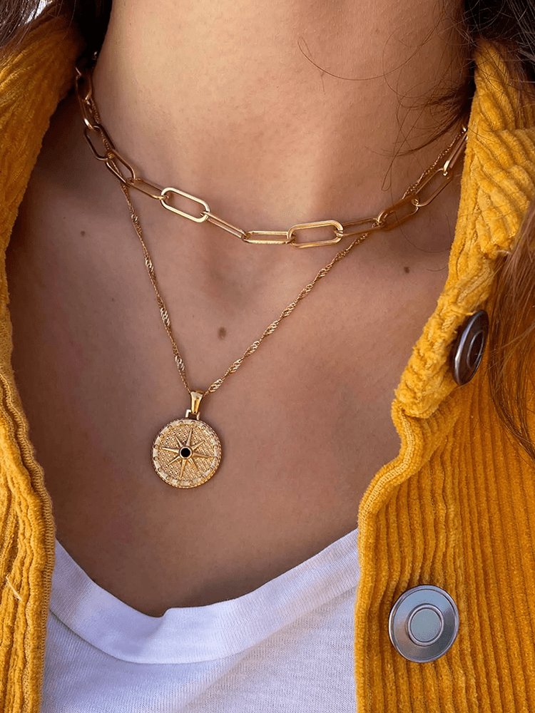 Collier boussole double chaîne doré harmonie