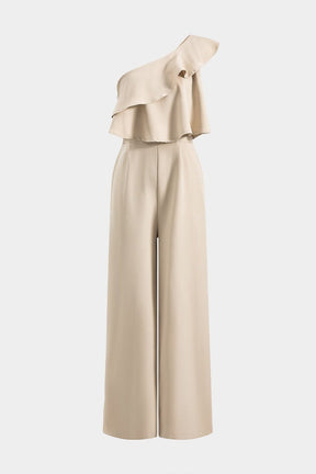 Combinaison asymétrique beige à volants vue de face harmonie