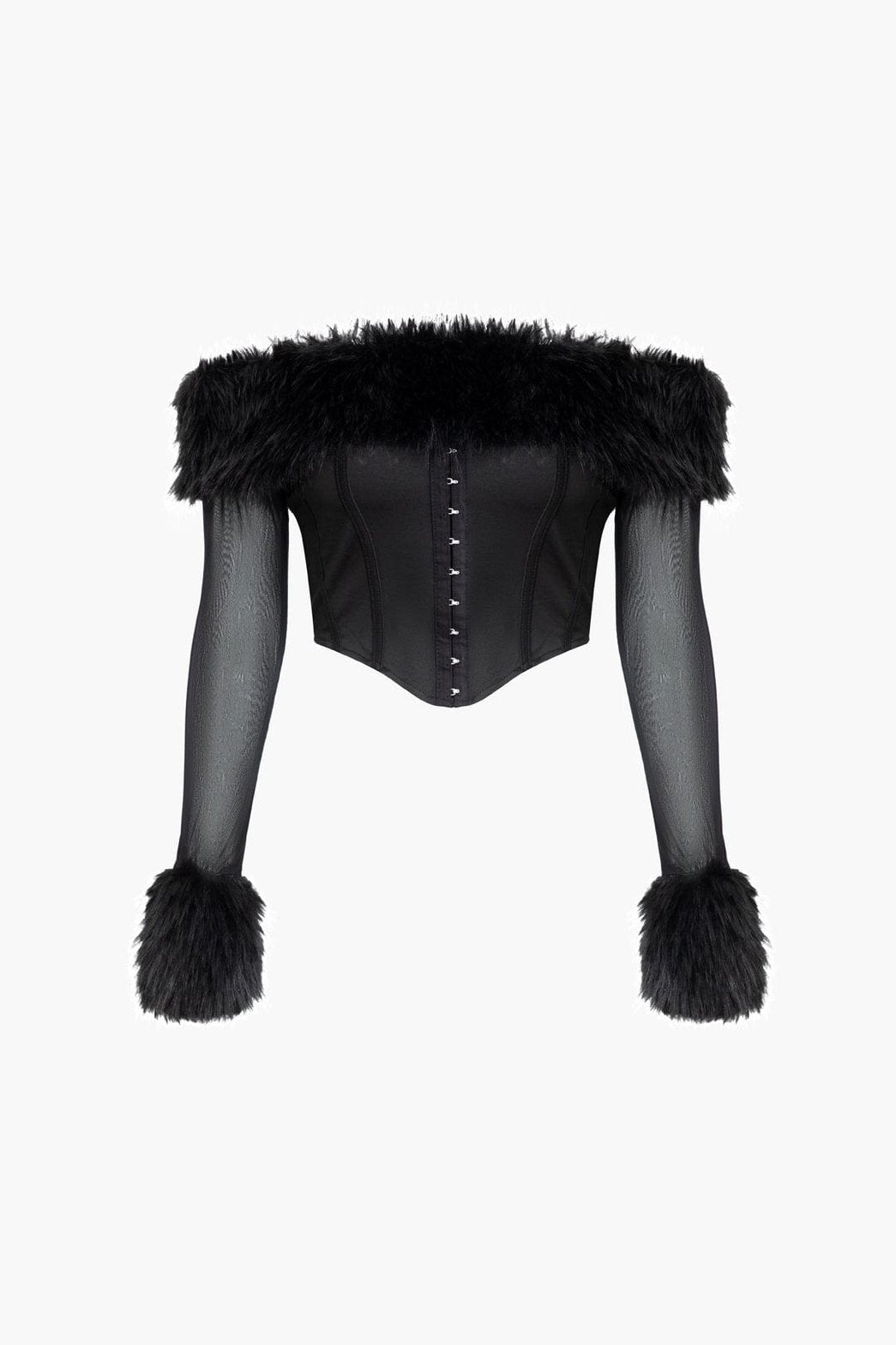 Corset noir à manches longues et fausse fourrure velours