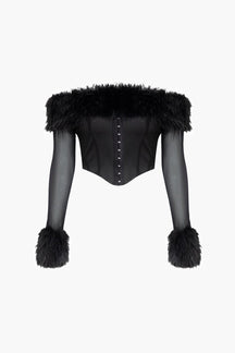 Corset noir à manches longues et fausse fourrure velours