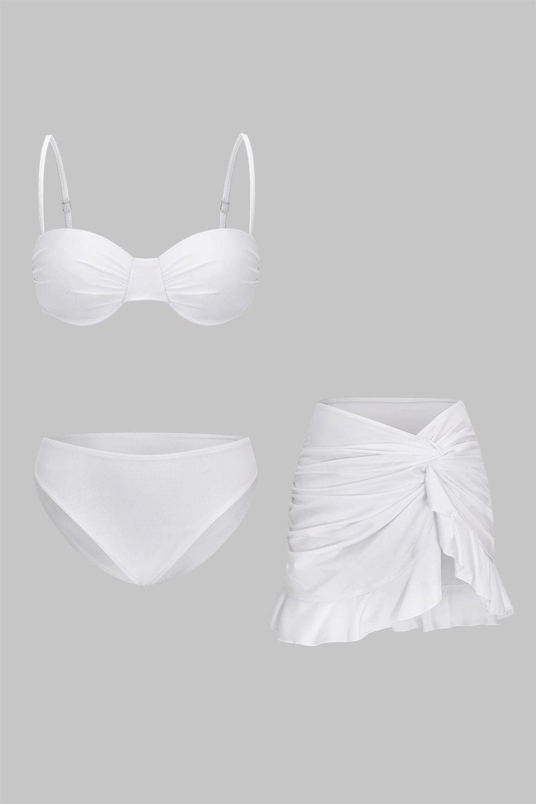 Bikini blanc 3 pièces avec haut balconnet drapé soleil