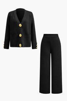 Ensemble cardigan noir boutons dorés élégant doux