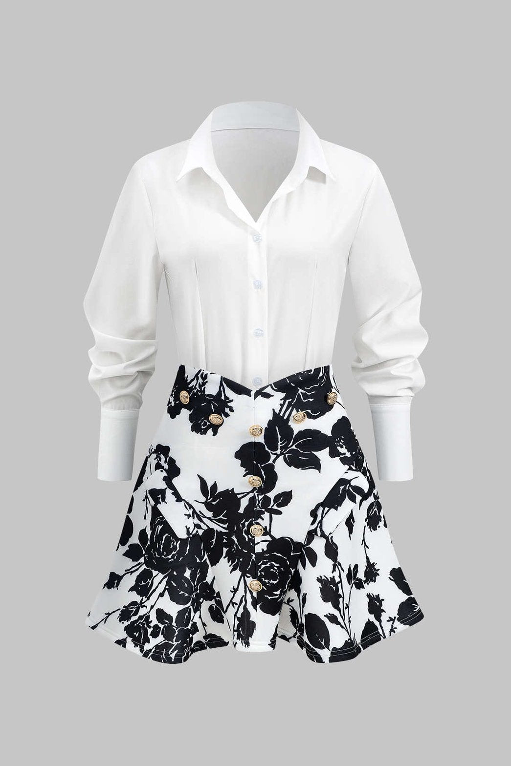 Ensemble chemisier blanc et jupe fleurie noir et blanc élégant doux