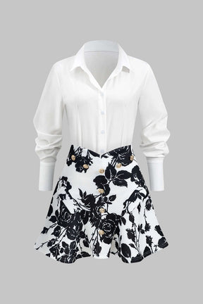 Ensemble chemisier blanc et jupe fleurie noir et blanc élégant doux