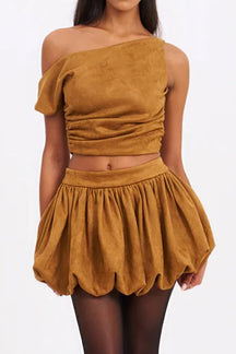 Ensemble jupe bulle daim camel élégant soleil