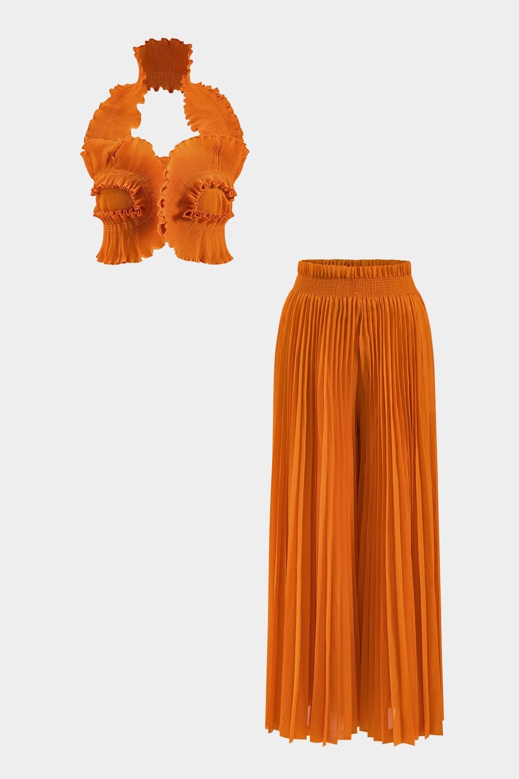 Ensemble coordonné orange avec top volants élégant soleil