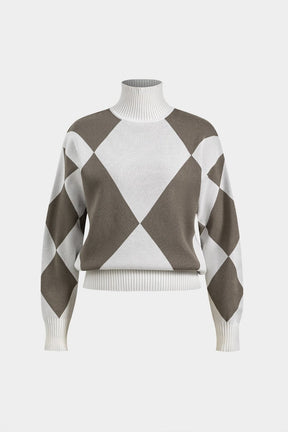 Ensemble tricot col roulé motif losanges bicolore vue côté douceur