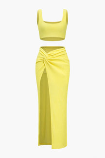 Ensemble jaune crop top et jupe drapée soleil