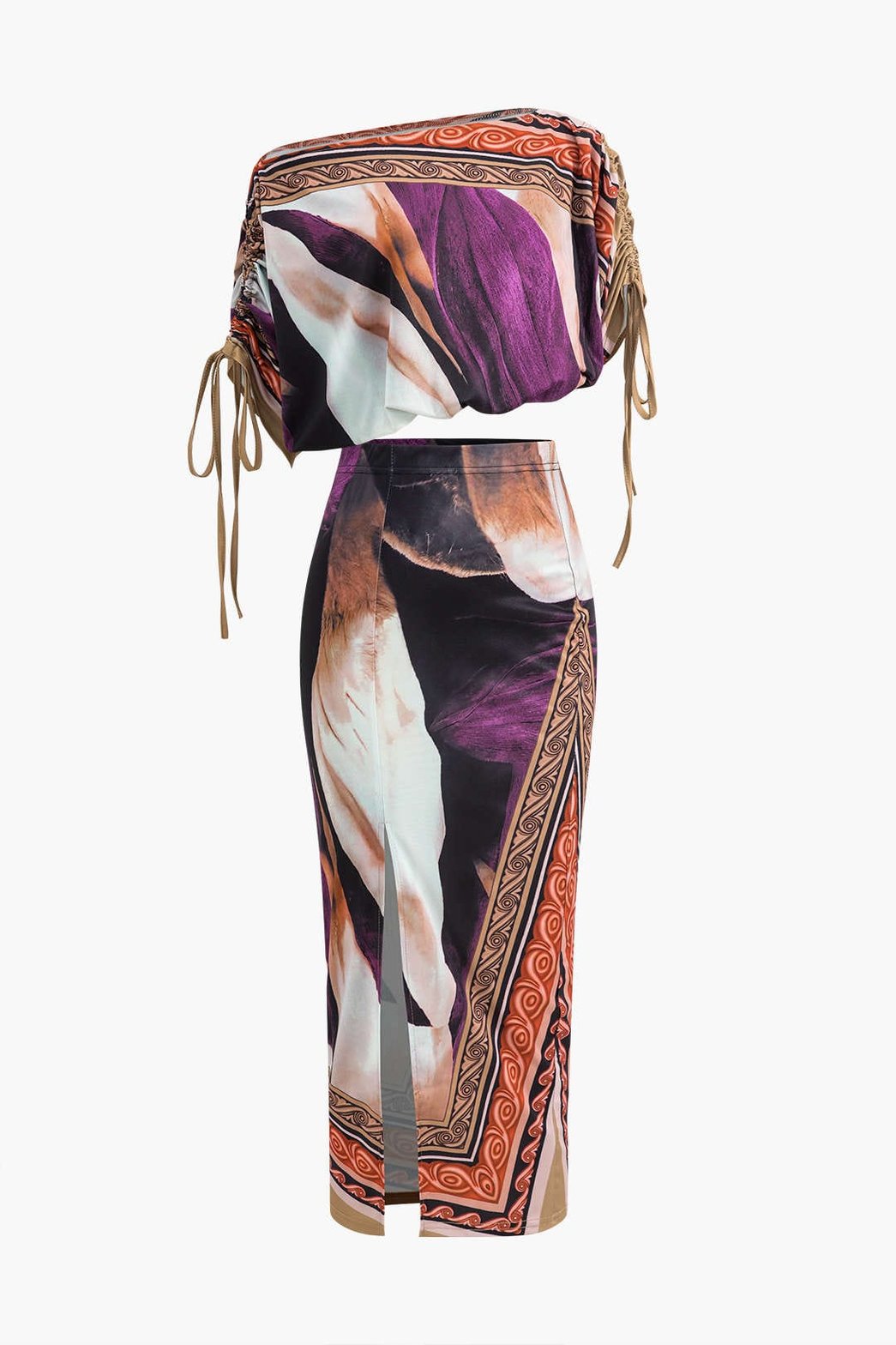 Ensemble deux pièces motif abstrait violet et corail soleil
