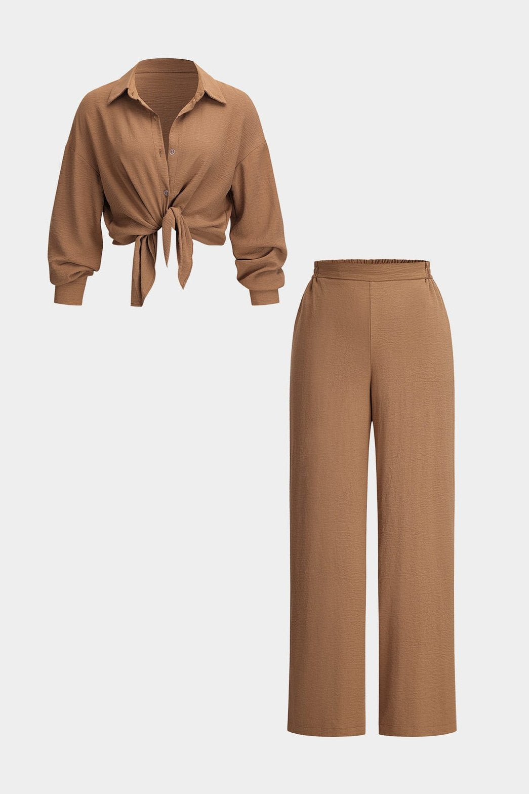 Ensemble camel chemise nouée et pantalon large harmonie