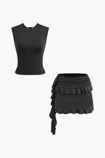 Ensemble top dos nu et jupe volantée vue de face soleil