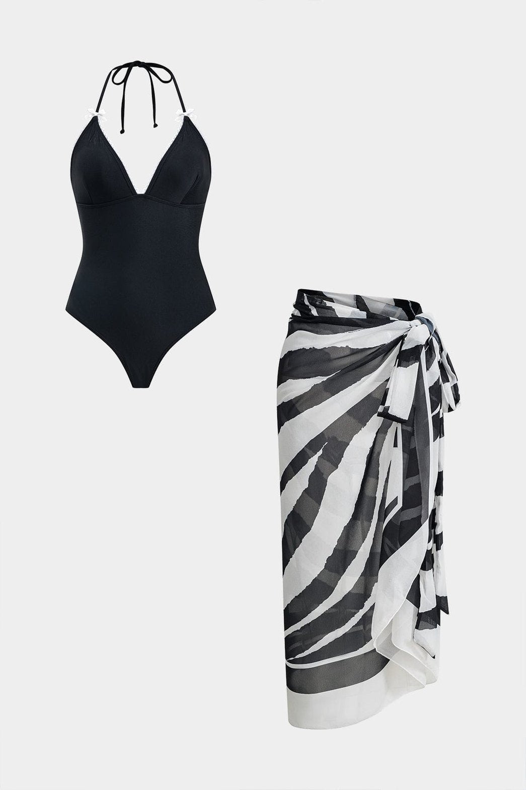 Ensemble maillot de bain gainant noir avec paréo zèbre soleil