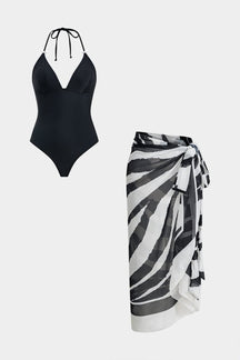 Ensemble maillot de bain gainant noir avec paréo zèbre soleil