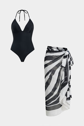 Ensemble maillot de bain gainant noir avec paréo zèbre soleil