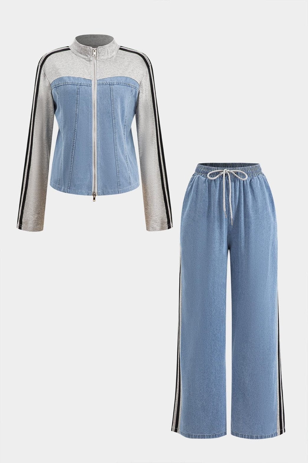 Ensemble sport-chic en jean patchwork vue de face soleil