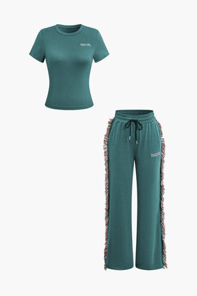 Ensemble Sport Chic T-shirt et Pantalon à Franges