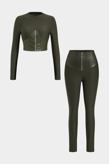 Ensemble simili cuir kaki vue avant soleil