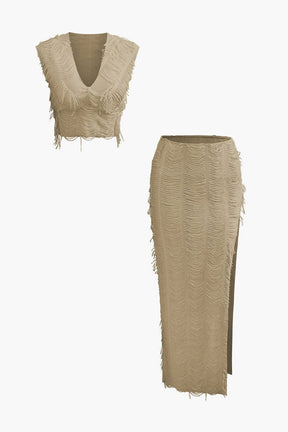 Ensemble Texturé Col V avec Jupe Longue
