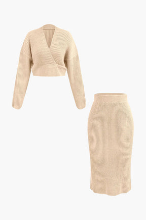 Ensemble Tricot Côtelé Pull Col V et Jupe