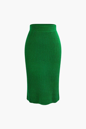 Ensemble Tricot Côtelé Pull Col V et Jupe