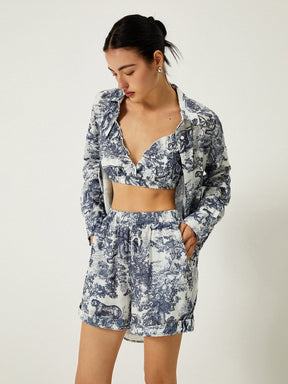 Chemise longue coordonnée imprimé bleu et blanc douceur
