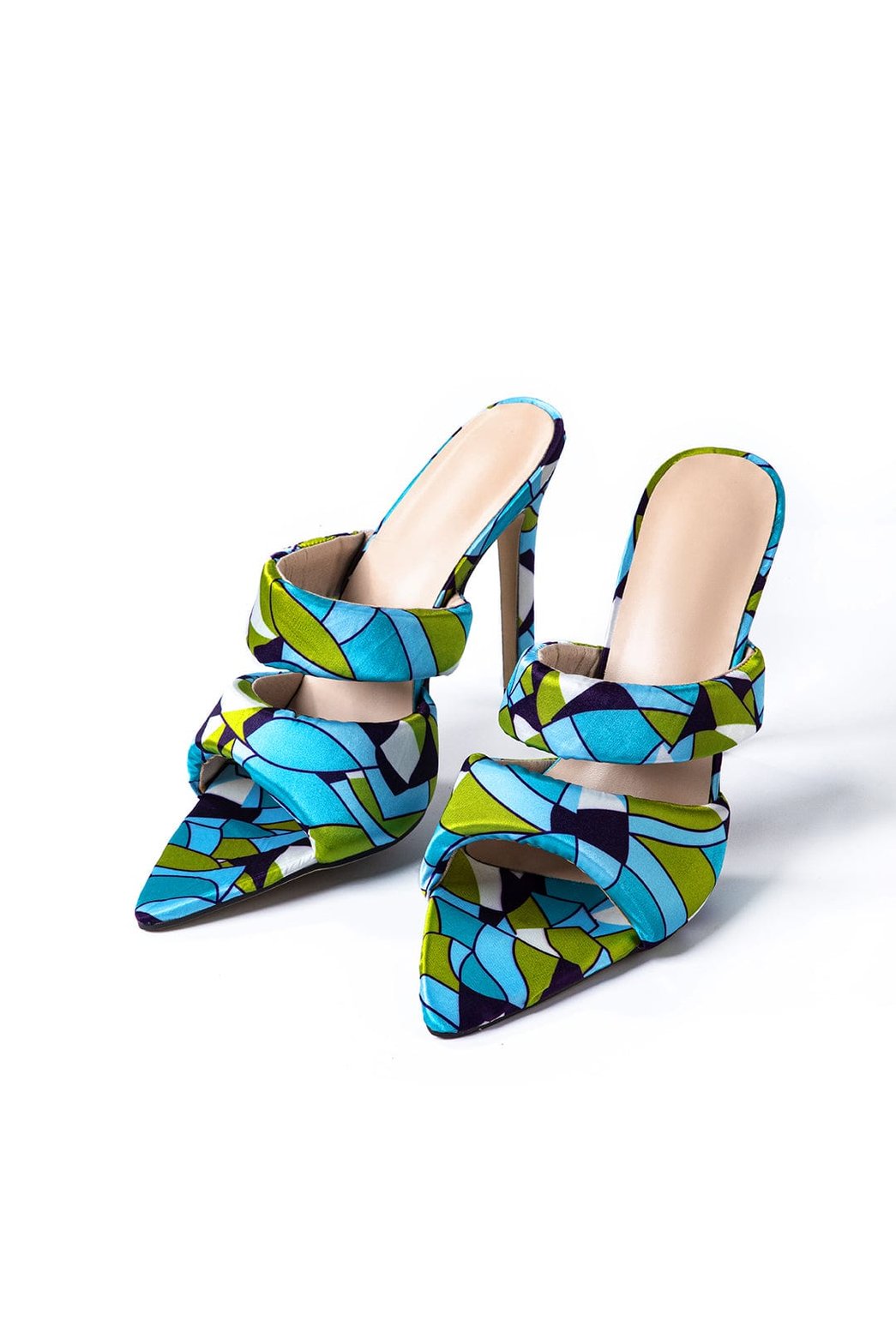 Escarpins mules motif géométrique bleu vert soleil