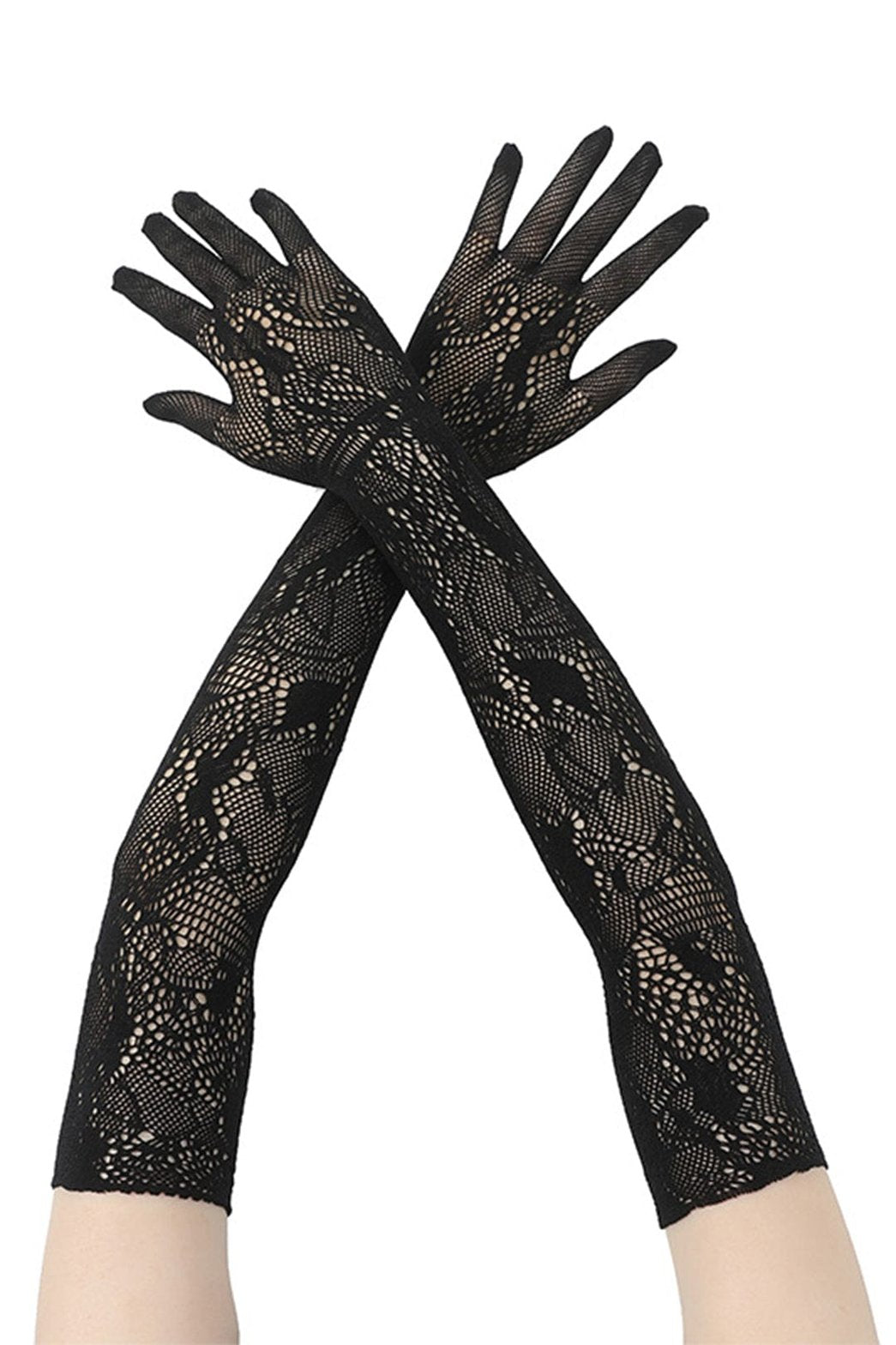 Gants longs en dentelle noire motif floral étoile