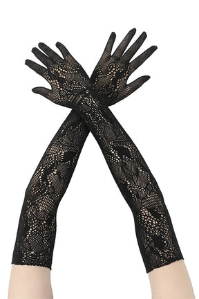 Gants longs en dentelle noire motif floral étoile