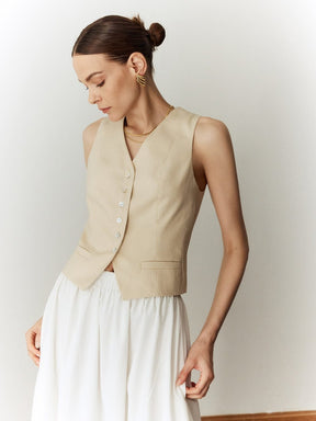 Gilet sans manches beige en lin douceur