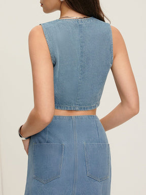 Gilet court en denim bleu vue ensemble pluie