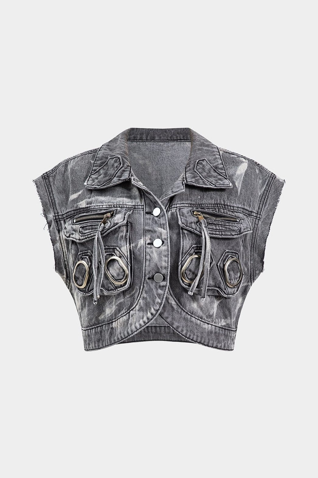 Gilet en denim gris avec détails métalliques vue de face soleil
