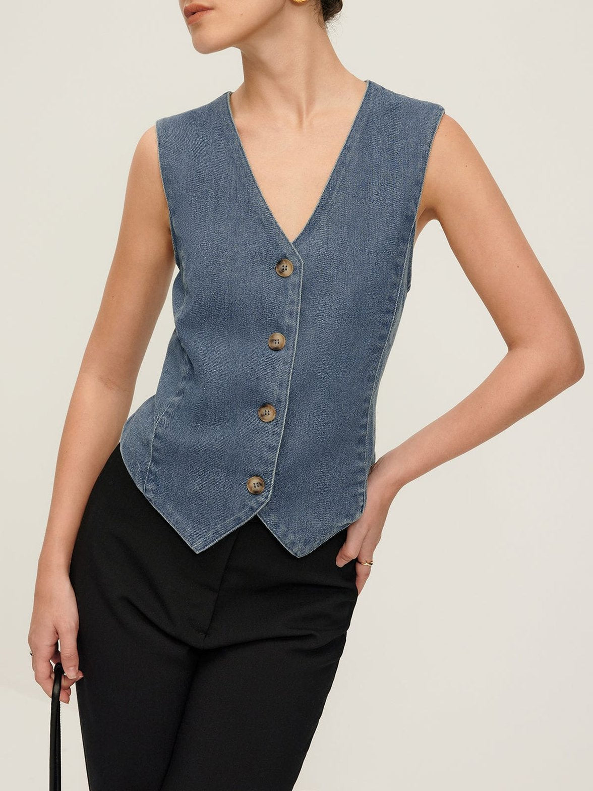 Gilet denim bleu col V fantaisie