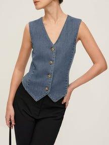Gilet denim bleu col V fantaisie