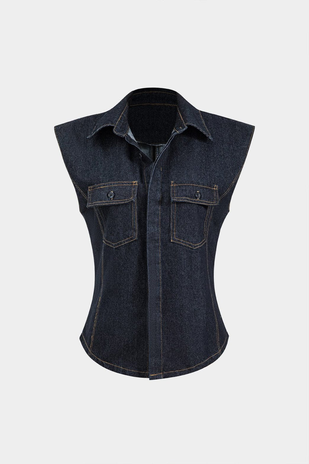 Gilet denim sans manches vue de face soleil