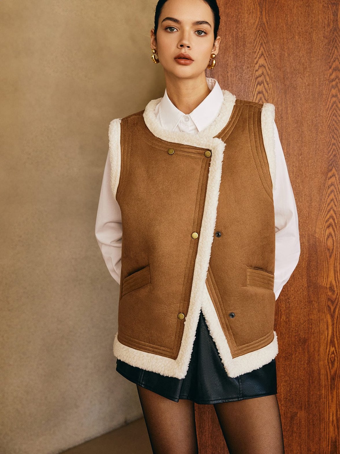 Gilet chaud en similicuir marron tendance