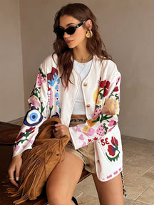 Gilet blanc à imprimés floraux multicolores soleil