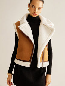 Gilet polaire asymétrique camel doublé mouton doux