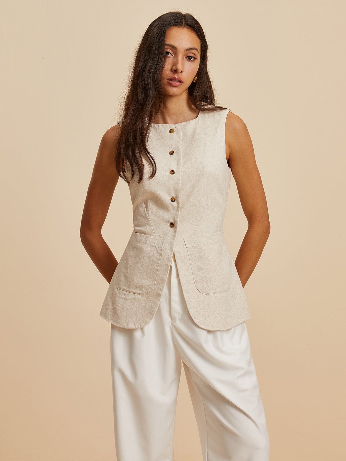 Gilet lin beige vue face douceur