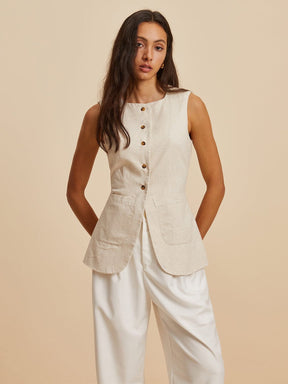 Gilet lin beige vue face douceur
