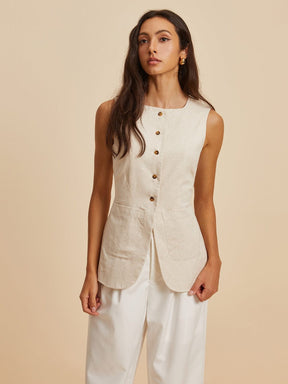 Gilet lin beige détail boutons raffinement