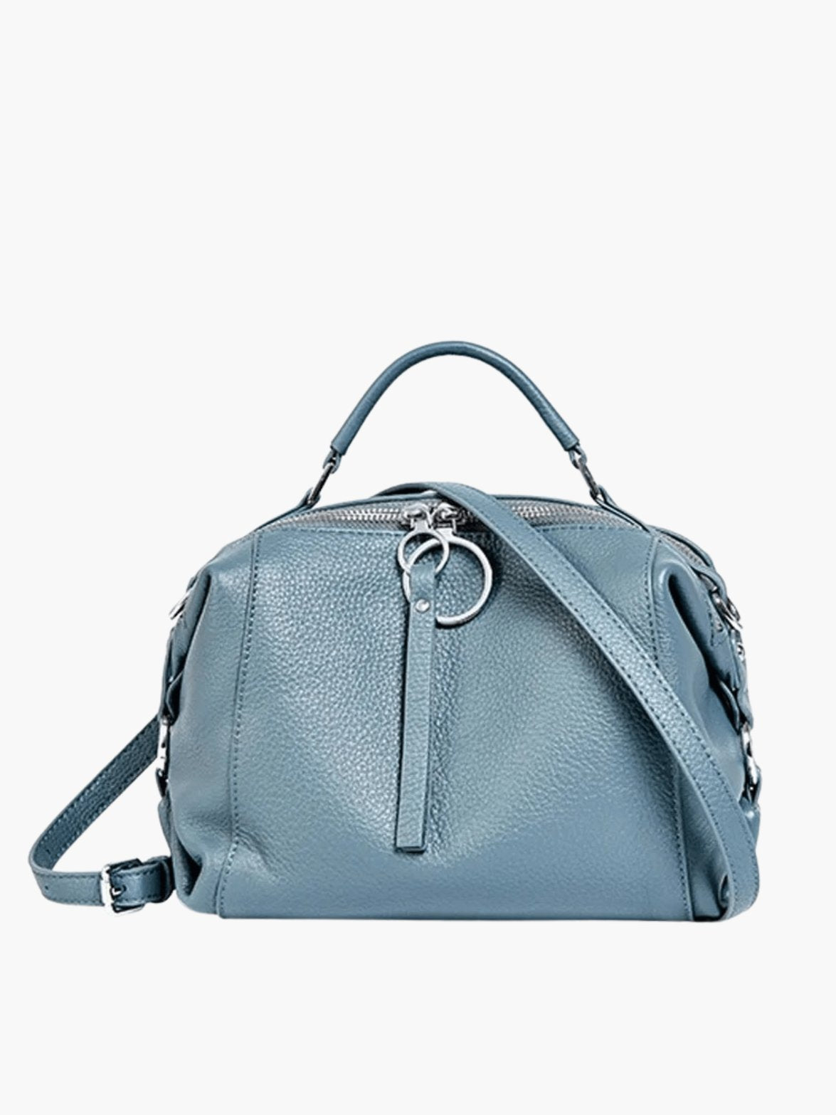 Sac en cuir bleu vue dessus nuage