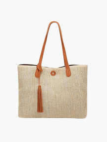 Sac de plage en osier beige avec poignées marron soleil