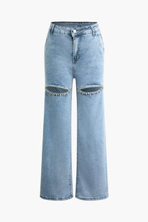 Jean droit bleu clair avec détails strass aux genoux soleil