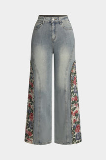 Jean flare patchwork fleuri vue de face soleil