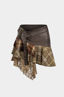 Jupe patchwork asymétrique en cuir et dentelle étoile