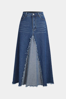 Jupe longue en denim patchwork vue de face soleil