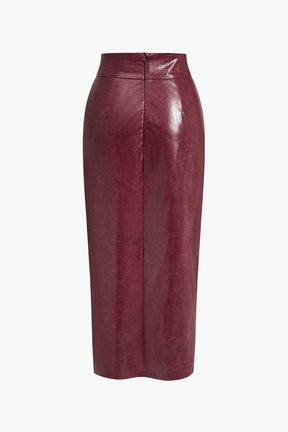 Jupe midi en simili cuir bordeaux avec détail fente sublime